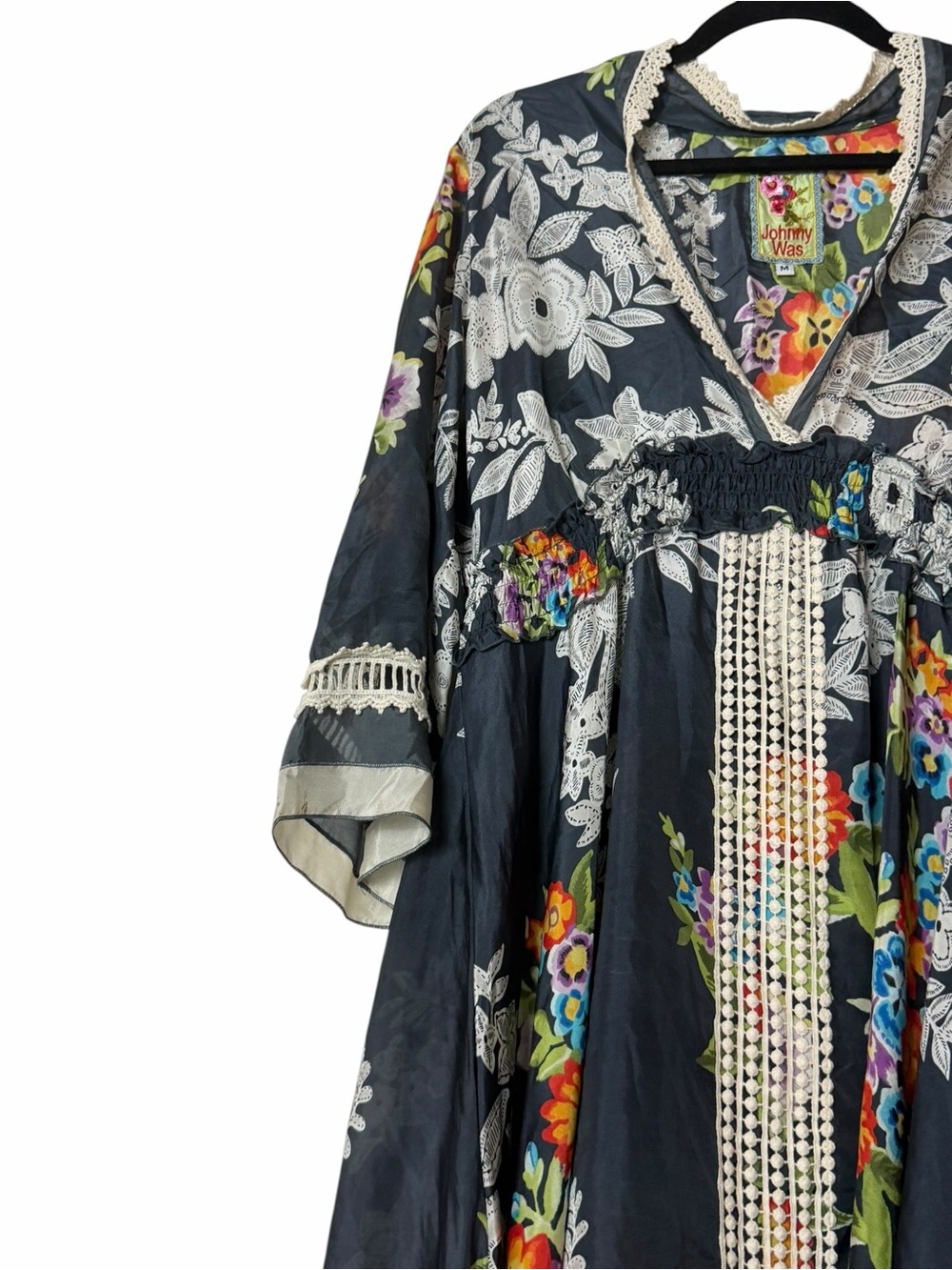 Johnny Was Silk Floral Boho Tunic Dress Lace Trim Medium Boho Summer - Picture 4 of 6